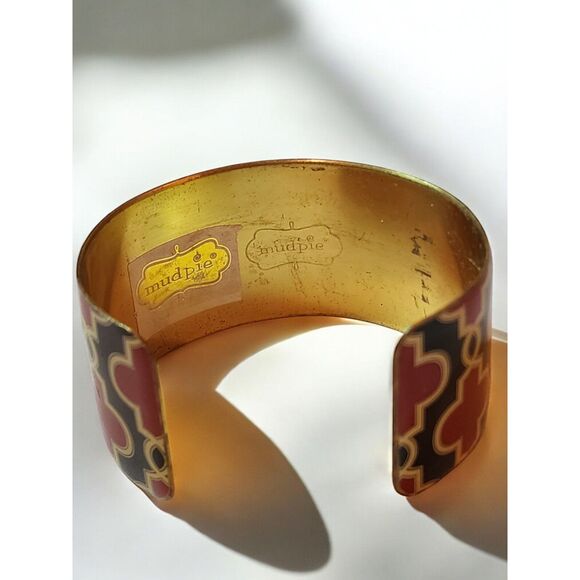 Mudpie Red & Black Geometric Cuff Bracelet โ Gold Tone Wide Enamel Adjustable - Picture 5 of 6